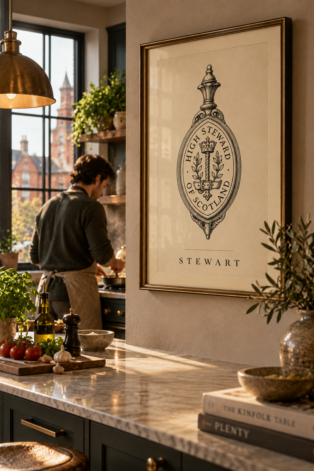 A framed Stewart surname artwork poster hanging in a warm, sunlit home kitchen