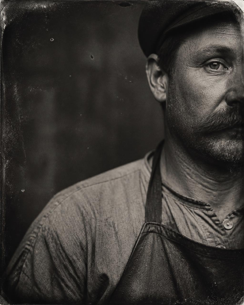 Archival portrait of a craftsman in a work apron
